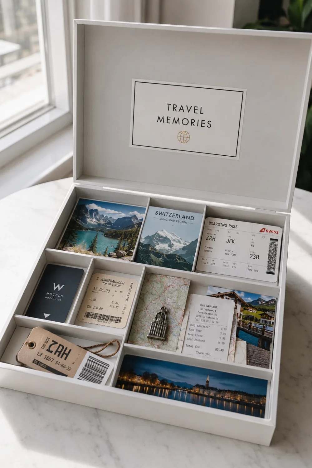 Modern white travel memory box opened to display vacation photographs, boarding passes, hotel cards, destination maps, attraction tickets, restaurant receipts, luggage tags, and small travel souvenirs arranged in organized compartments