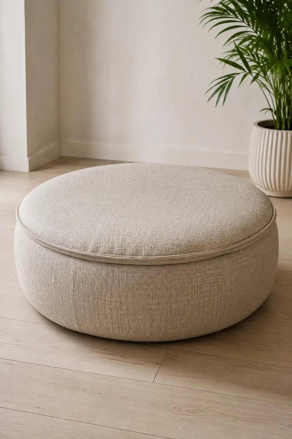 Round old tire transformed into a soft modern ottoman with a thick cream upholstered cushion and textured fabric, styled on a light wood floor in a contemporary home interior
