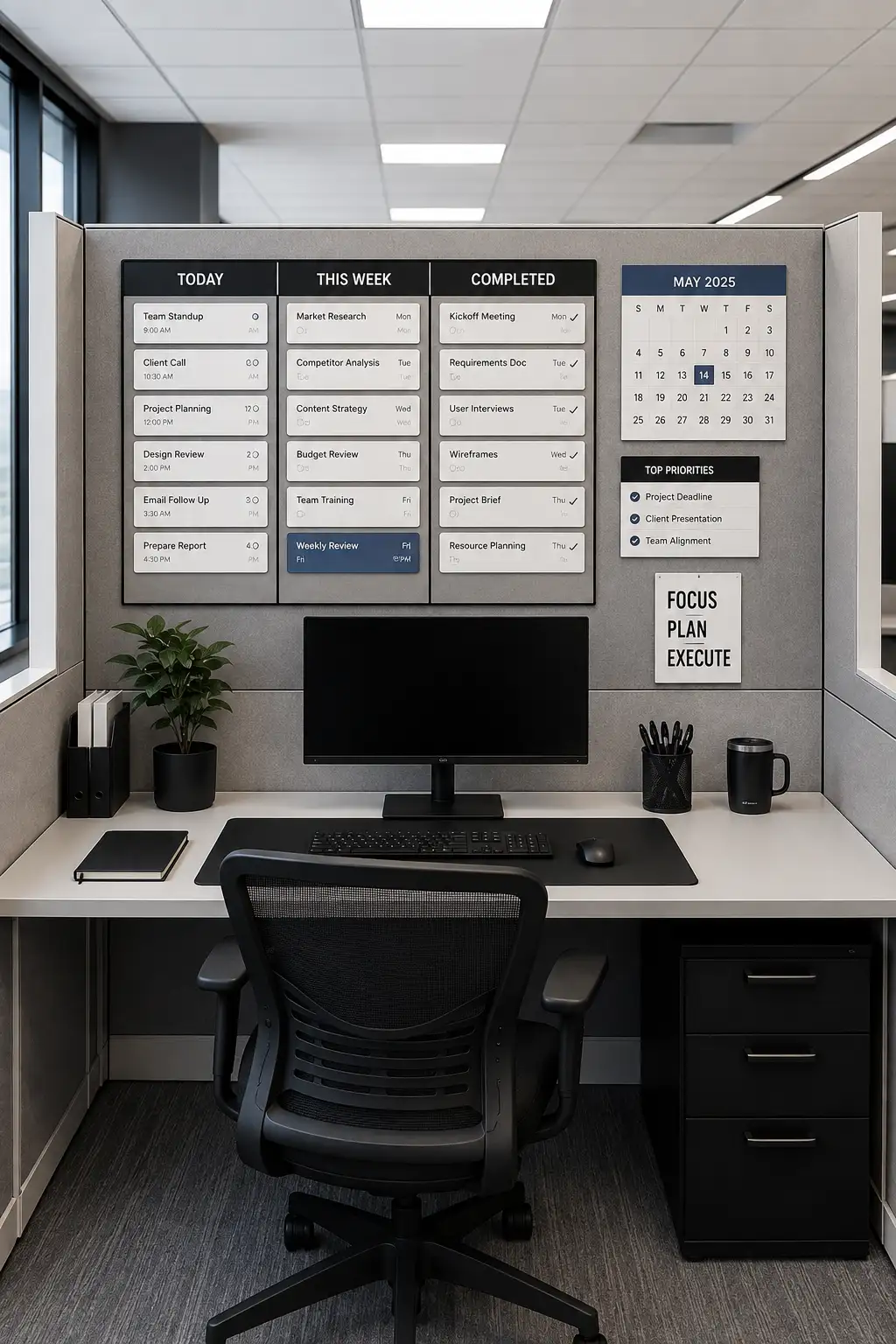 Modern productivity-focused cubicle featuring a large wall-mounted task management board divided into daily tasks, weekly priorities, completed projects, and important deadlines. The organized workspace includes a monthly calendar, priority checklist, motivational focus print, computer monitor, black ergonomic chair, white desk, small plant, document storage, pen holder, and streamlined office accessories. The full cubicle is captured from a centered front-facing view with a professional gray, black, and white color scheme designed for better organization and workplace productivity.