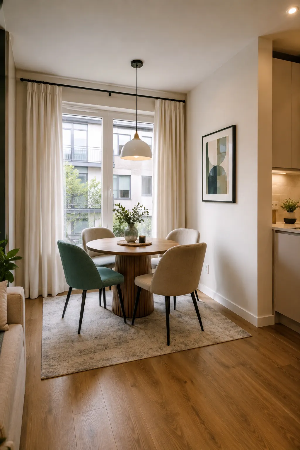 Small modern dining nook positioned beside a large bright window, featuring a compact round wood pedestal dining table, four upholstered dining chairs in cream and deep green, soft beige area rug, floor length cream curtains, contemporary pendant light, abstract framed artwork, warm wood flooring, subtle dining table centerpiece, and an open connection to the nearby modern kitchen.