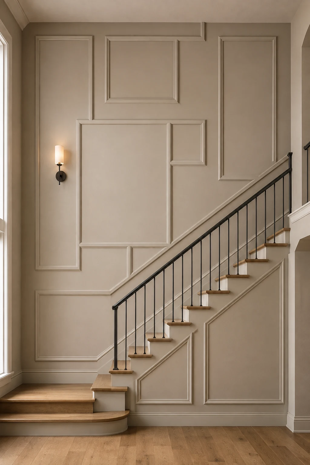 Modern staircase paneling idea featuring oversized geometric wall molding in a warm greige finish, mixed rectangular panel sizes across a tall stair wall, natural oak steps, slim black metal railing, and a minimalist wall sconce creating a sophisticated architectural focal point.