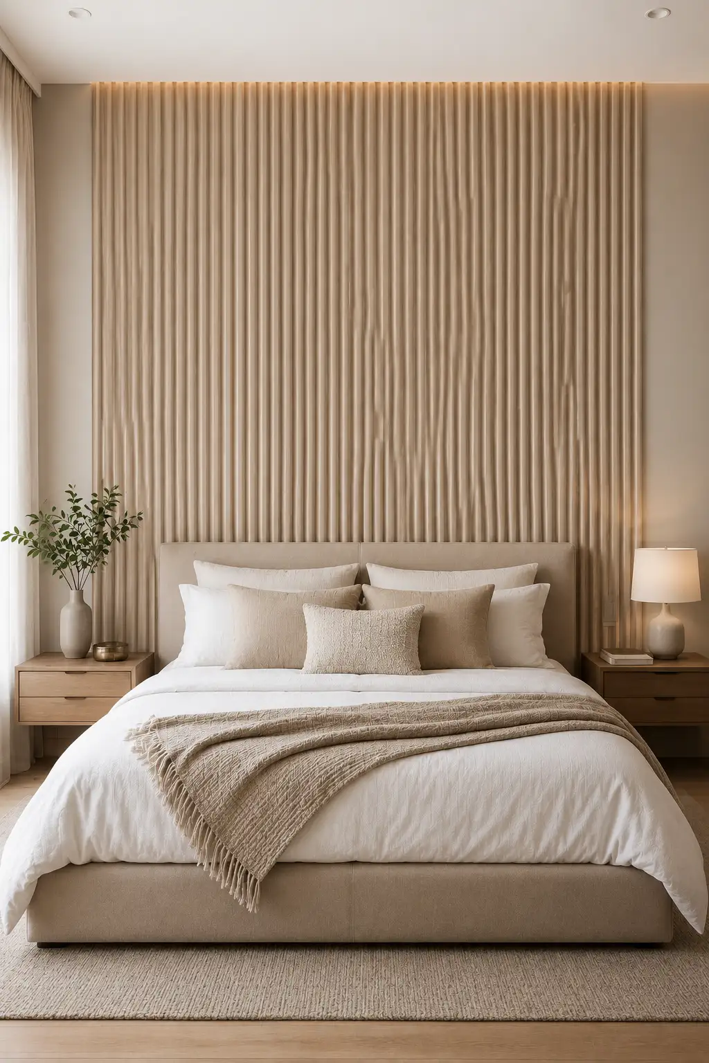 Modern DIY fluted headboard wall in a sophisticated contemporary bedroom, featuring a large full-width installation of closely spaced vertical fluted panels in a warm beige and soft greige finish. The sculptural vertical texture creates subtle shadows across the entire wall and extends well above the upholstered bed, with the headboard installation clearly wider than the mattress. The bed features a neutral upholstered frame, crisp white bedding, multiple cream and beige pillows, a textured neutral throw, matching warm wood nightstands, simple contemporary table lamps, a minimalist ceramic vase with delicate greenery, light curtains, and a soft neutral area rug. The complete fluted headboard is photographed directly from the front with its full width, height, texture, and architectural details clearly visible.