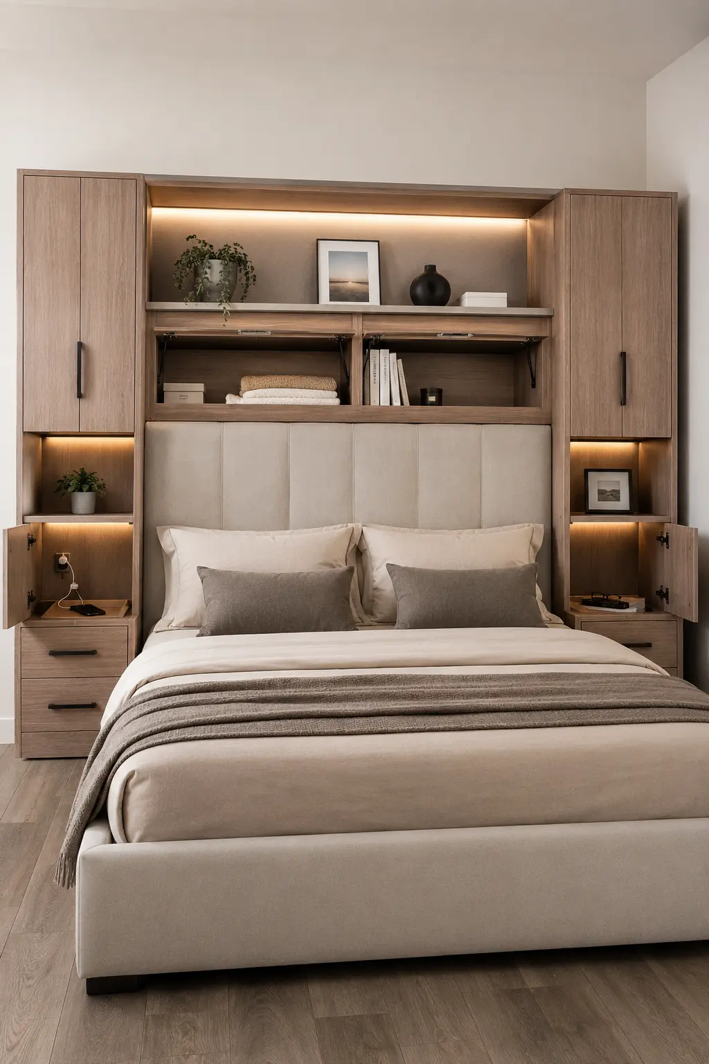 Modern small bedroom featuring a full integrated storage headboard with tall closed cabinets, open shelves, drawers, bedside compartments, warm wood finishes, and concealed lighting. The built-in headboard provides practical storage for books, folded bedding, accessories, and everyday essentials while maximizing vertical wall space.