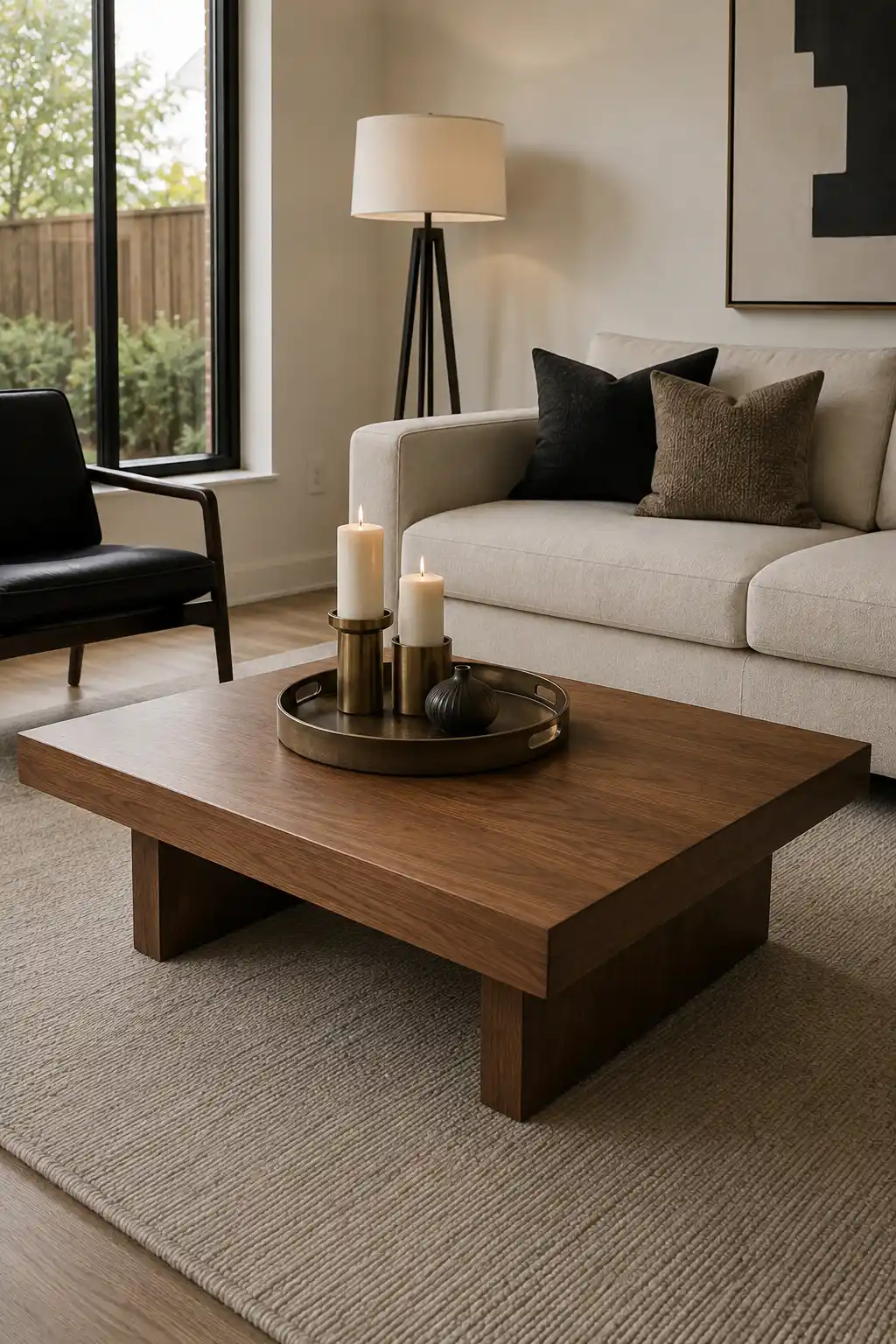 Modern dark wood rectangular coffee table styled with a round brushed brass decorative tray, two cream pillar candles at different heights, elegant brass candle holders, and a small matte black ceramic vase in a sophisticated contemporary living room with a cream sofa, black accent chair, textured rug, and warm natural lighting.