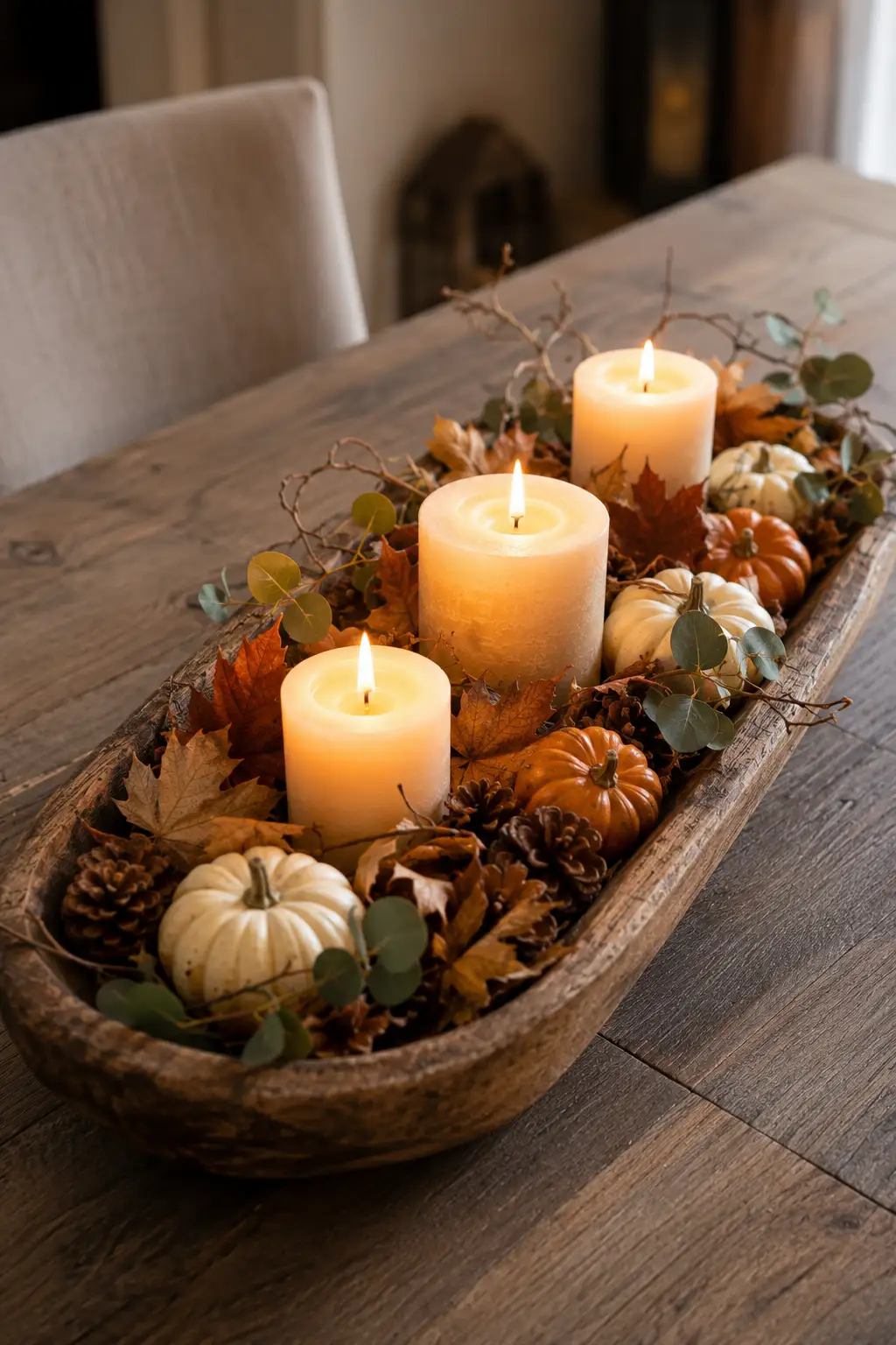 Rustic elongated wooden dough bowl styled with three glowing cream pillar candles in different heights, surrounded by small white and muted orange pumpkins, dried maple leaves, eucalyptus stems, curling natural branches, pinecones, and warm autumn foliage on a dark wooden dining table, creating an inviting candlelit fall centerpiece.