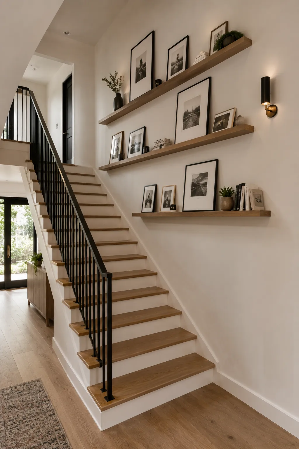 Contemporary staircase wall decorated with three long floating natural wood picture ledges styled with framed black-and-white photography, neutral artwork, ceramic vases, stacked books, small sculptures, and decorative objects. The warm wood shelves contrast beautifully with the soft cream wall and complement the natural oak staircase, black railing, and modern hallway.