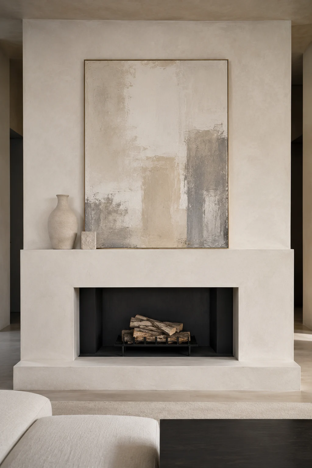 Elegant warm white fireplace mantel with a large neutral abstract canvas featuring soft cream, beige, taupe, and light gray tones. The simple contemporary mantel is decorated with a tall textured ceramic vase and a small rectangular stone accent placed asymmetrically beside the artwork. A deep black fireplace opening with stacked natural logs creates contrast against the pale plaster surround, while neutral upholstered seating, a light rug, and dark coffee table add sophisticated modern living room styling.