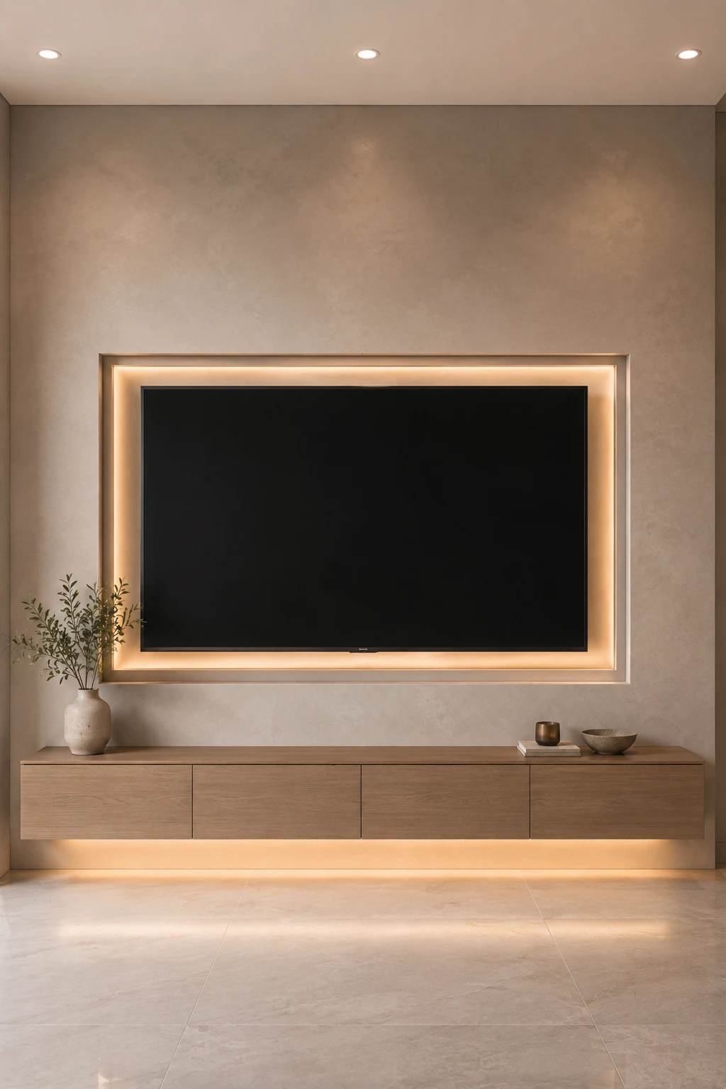 Soft greige contemporary TV wall featuring a large black flat screen television centered within a recessed rectangular architectural frame, warm illuminated panel edges, long light oak floating media console with minimalist handleless doors, smooth greige wall finish, subtle beige tones, understated ceramic accessories, realistic residential construction, and sophisticated modern living room styling.
