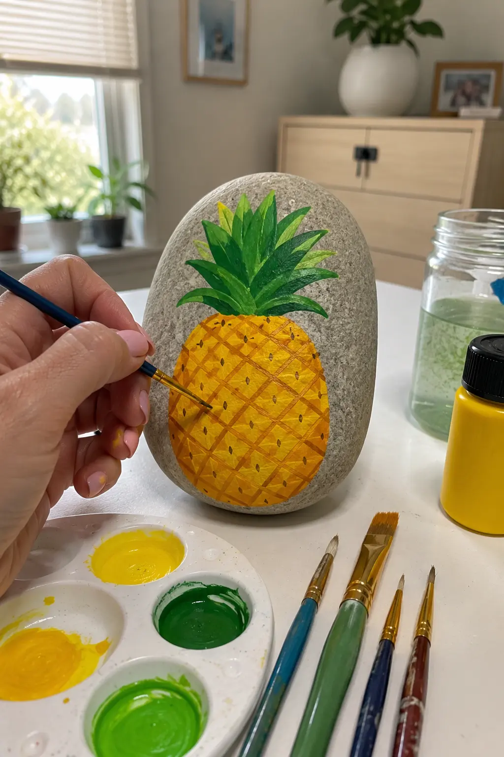 Tropical pineapple rock painting featuring a bright golden yellow pineapple with a detailed crisscross fruit pattern and layered green leaves painted on a tall smooth stone, with a hand adding yellow paint using a fine brush beside acrylic paints, a palette, and brushes in a naturally lit home craft room.