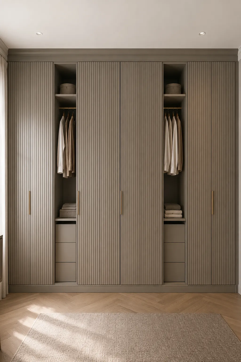 Sophisticated IKEA closet with full-height taupe fluted cabinet doors, slim vertical reeded detailing, symmetrical wardrobe sections, open hanging areas with neutral clothing, upper storage shelves, built-in drawers, warm interior lighting, brass hardware, herringbone wood flooring, and a neutral rug creating an elegant modern built-in wardrobe design.