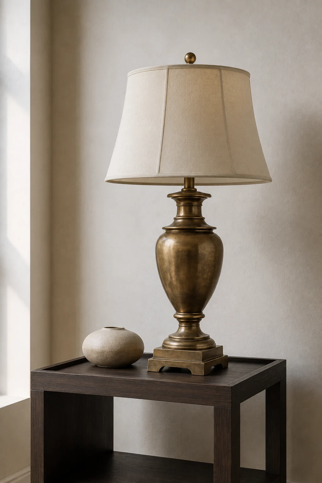Aged brass antique-style table lamp with a classic sculptural base and cream fabric shade displayed on a clean-lined dark walnut side table, paired with a minimal ceramic vase in a sophisticated modern neutral interior.