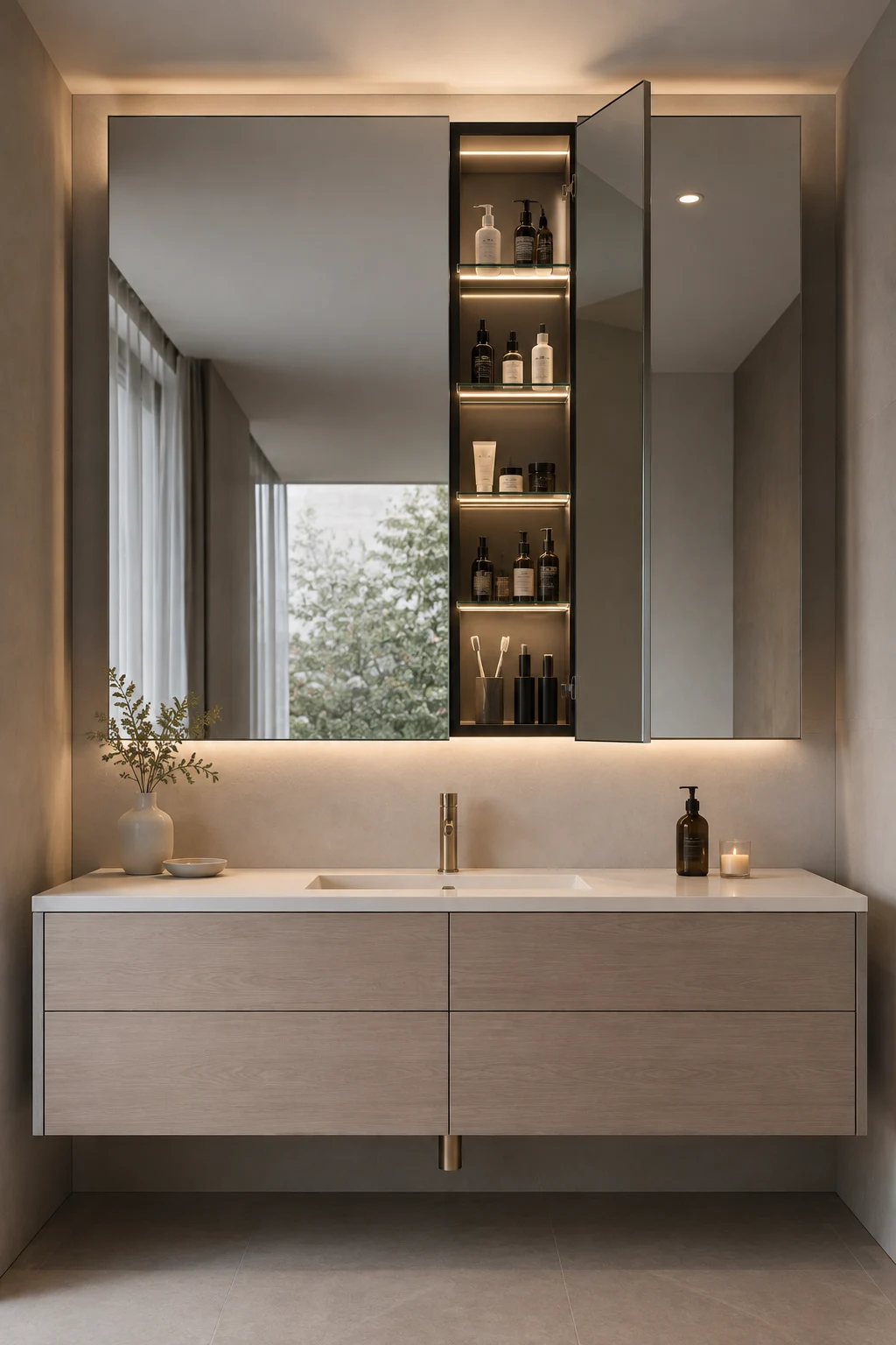 Modern bathroom mirror cabinet storage featuring a large frameless mirrored cabinet above a floating wood vanity, with one concealed door open to reveal illuminated shelves for skincare bottles, toiletries, toothbrushes, grooming products, and everyday bathroom essentials.