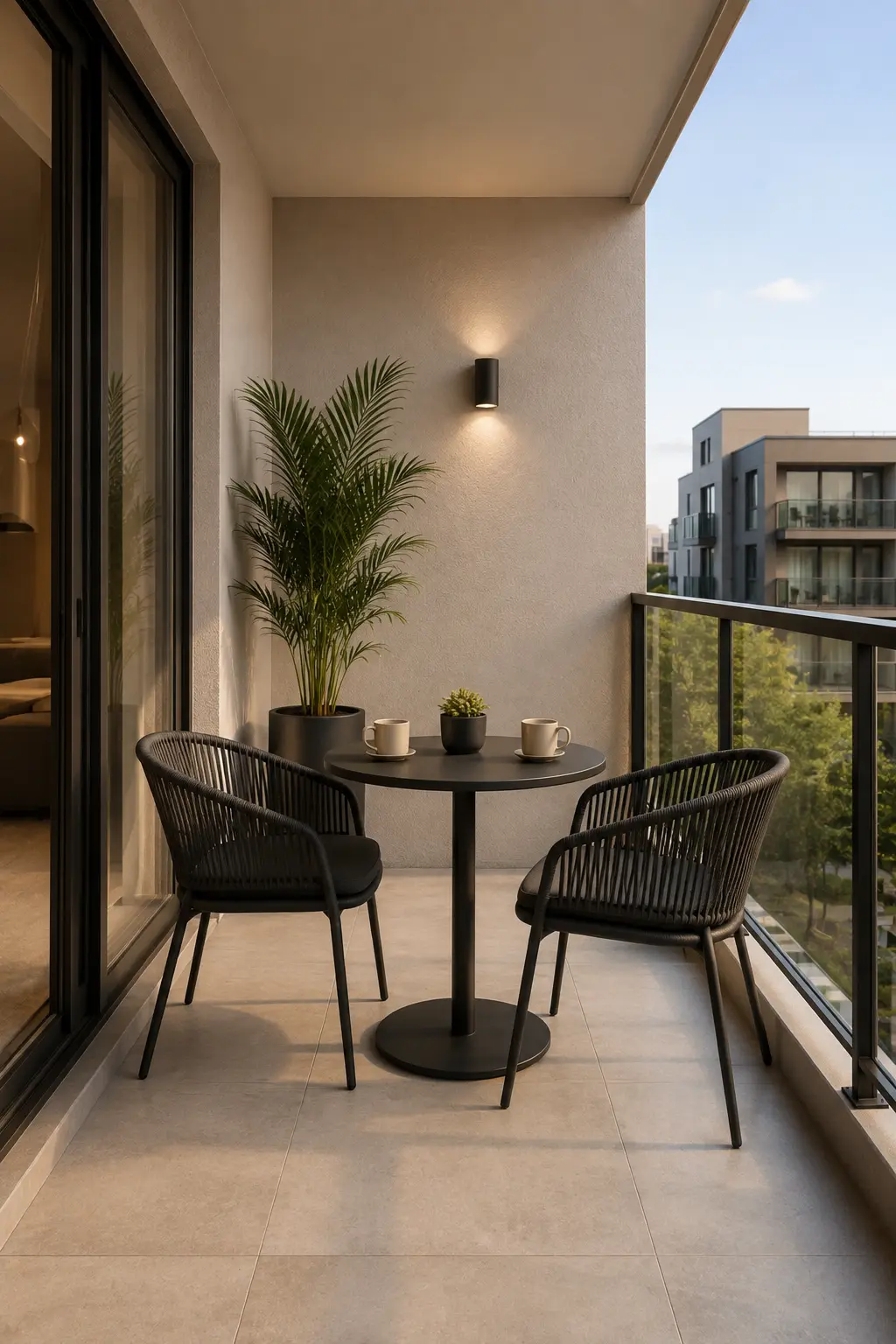 Stylish modern apartment balcony designed as a compact coffee nook with two contemporary black woven chairs facing a round black pedestal table. Neutral tiled flooring, a tall green potted palm, warm beige walls, black architectural details, and a city view create a polished and comfortable balcony coffee area for morning drinks and casual conversations.