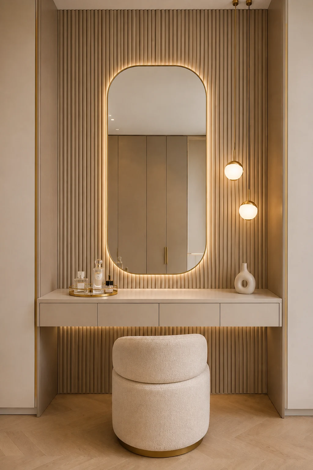 Elegant modern vanity featuring a tall rounded rectangular mirror with glowing warm LED backlighting, a full height vertical fluted wood panel accent wall in a soft natural beige tone, a slim floating cream vanity with four seamless drawers, delicate champagne gold pendant lights hanging beside the mirror, a plush rounded cream upholstered vanity chair, a refined perfume tray, a minimalist white sculptural vase, warm neutral cabinetry, subtle gold accents, and layered lighting creating a sophisticated, cozy, spacious, and luxurious vanity aesthetic.
