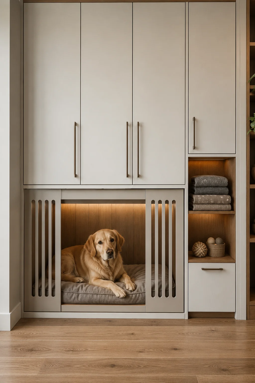 Modern built in dog crate integrated into a tall cream colored custom cabinetry wall, featuring a spacious recessed sleeping nook with a comfortable gray dog cushion, ventilated vertical panels on both sides, warm wood interior backing, surrounding closed cabinets, open shelving, folded pet towels, and a golden retriever resting comfortably inside a stylish contemporary home.