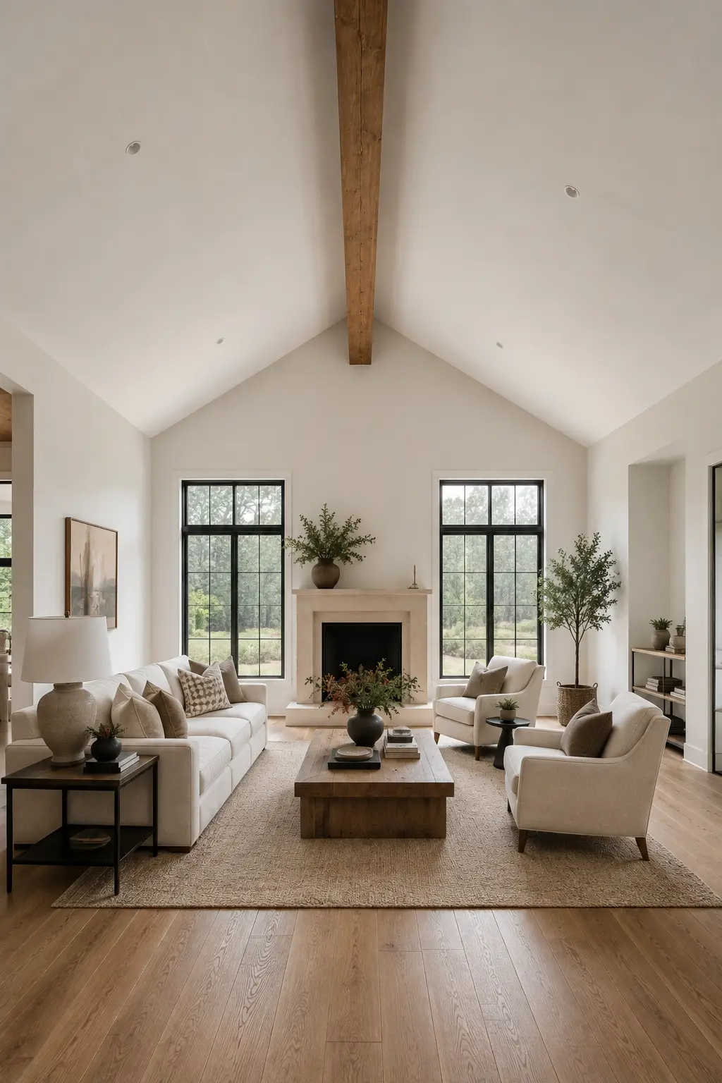 Elegant modern rustic living room with a single natural wood ridge beam running along the peak of a tall white vaulted ceiling, paired with black framed windows, a minimalist fireplace, cream seating, warm oak flooring, and a soft neutral color palette.