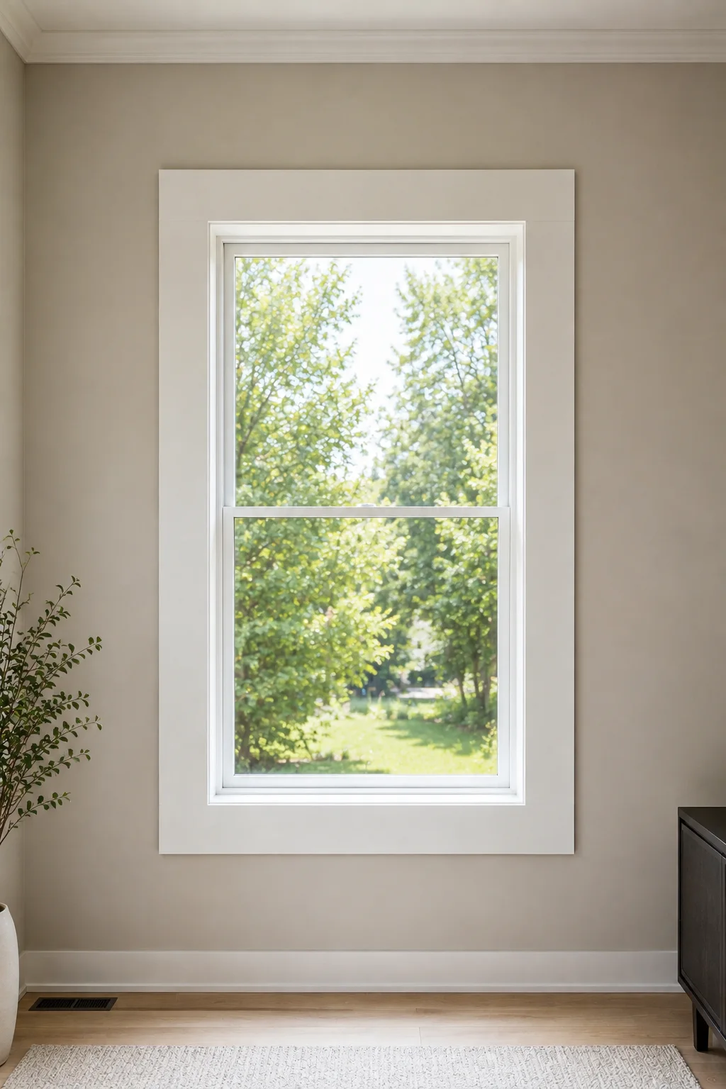Wide white window trim framing a tall rectangular window against a soft warm greige wall. The broad flat casing features crisp square edges and a bright white finish that gives the window greater architectural presence while maintaining a clean, refined, and contemporary interior appearance.