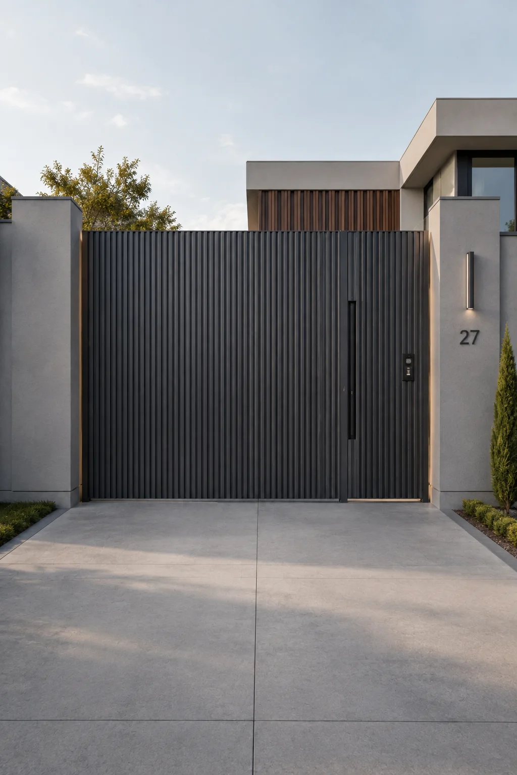 Modern entrance gate design featuring tall charcoal vertical fluted metal panels, a seamlessly integrated pedestrian door, slim recessed handle, compact access control panel, warm edge lighting, pale concrete boundary walls, and a clean paved driveway for a sophisticated contemporary home exterior.