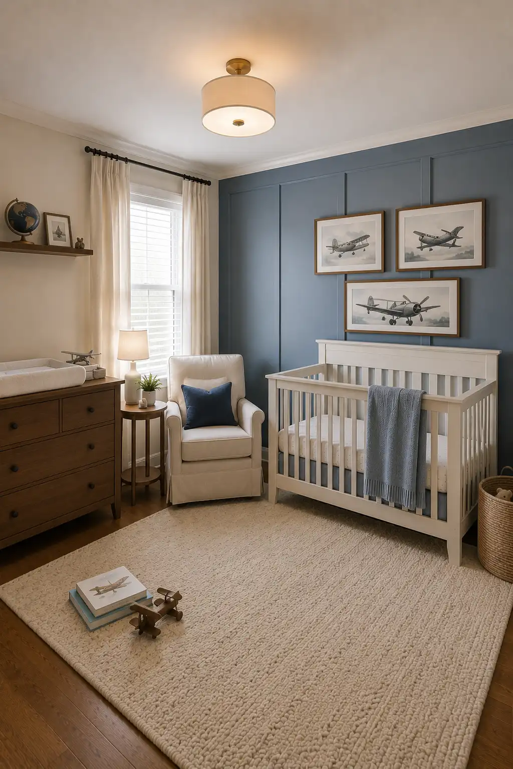 Stylish baby boy nursery with dusty blue wall paneling, white crib, framed vintage airplane prints, warm wood changing dresser, cream upholstered nursing chair, ivory curtains, textured neutral rug, soft blue crib blanket, warm wood flooring, and subtle aviation accents creating a polished modern nursery for a baby boy.