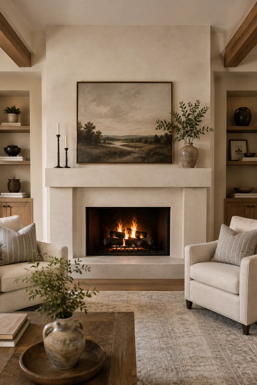 Refined farmhouse living room fireplace featuring a smooth warm cream surround, glowing fire, oversized muted landscape artwork, built in wood shelving, neutral ceramic decor, tall candlesticks, leafy branches, cream upholstered accent chairs, natural wood coffee table, and soft patterned rug for a warm and elegant focal point.