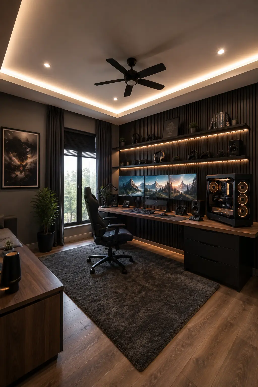 Luxury dark gaming room featuring a triple monitor gaming setup, long walnut desk, black ergonomic gaming chair, RGB gaming PC, black slatted feature wall, illuminated floating shelves, warm wood flooring, dark area rug, and soft amber LED ceiling lighting.
