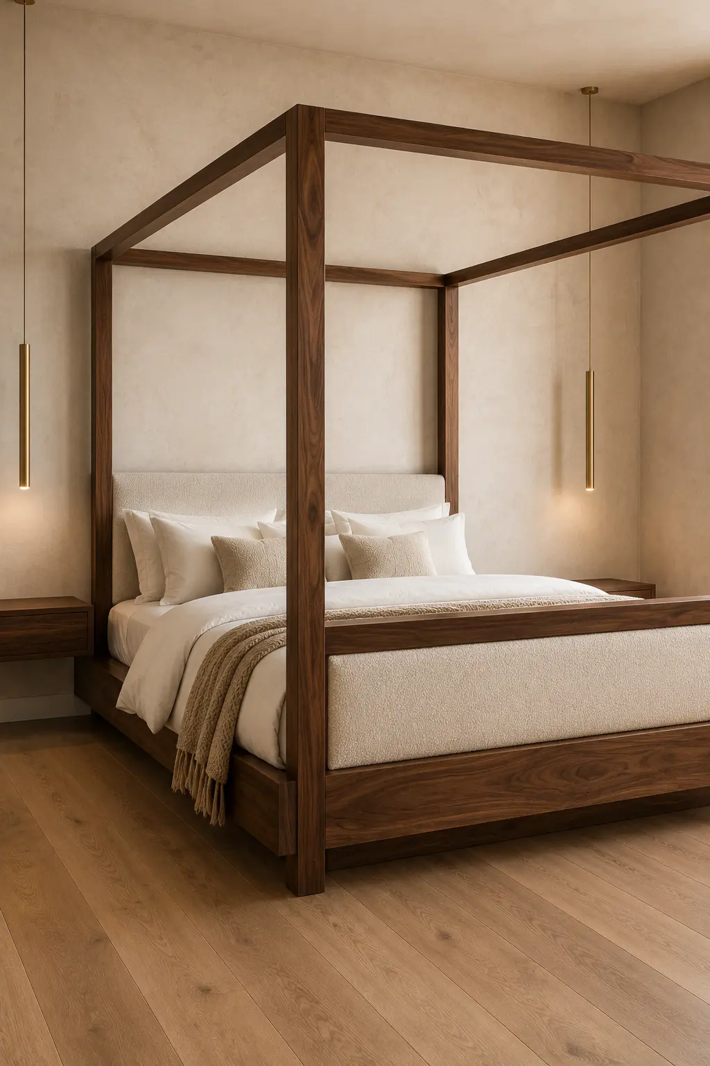 Modern walnut canopy bed featuring a tall four post wood frame, clean rectangular canopy structure, soft ivory upholstered headboard and footboard, layered white bedding, beige textured accents, floating walnut nightstands, and slim brass pendant lights in an elegant neutral bedroom.