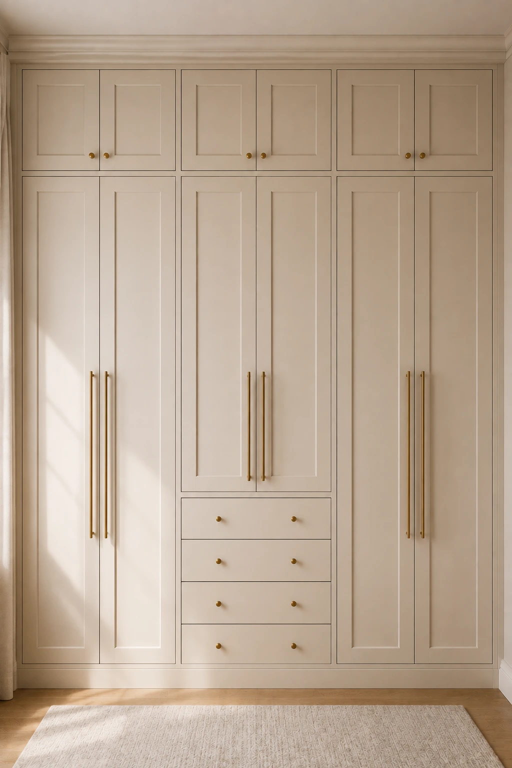 Classic full-wall IKEA closet featuring symmetrical cream raised-panel doors, tall wardrobe compartments, upper cabinets, a central section of spacious drawers with round brass knobs, long brass handles, decorative crown molding, matching architectural trim, natural wood flooring, soft daylight, and a neutral textured rug creating an elegant custom built-in wardrobe appearance.