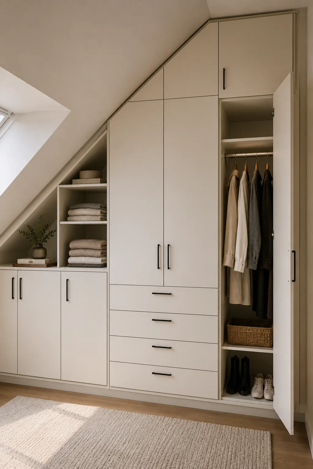 Space-saving IKEA closet designed beneath a sloped bedroom ceiling, featuring tall cream wardrobe cabinets, angled upper cabinetry following the roofline, central drawers, open shelving fitted beneath the slope, hanging clothes, folded garments, storage baskets, black handles, light neutral finishes, natural wood flooring, and a soft textured rug creating a custom built-in storage solution.