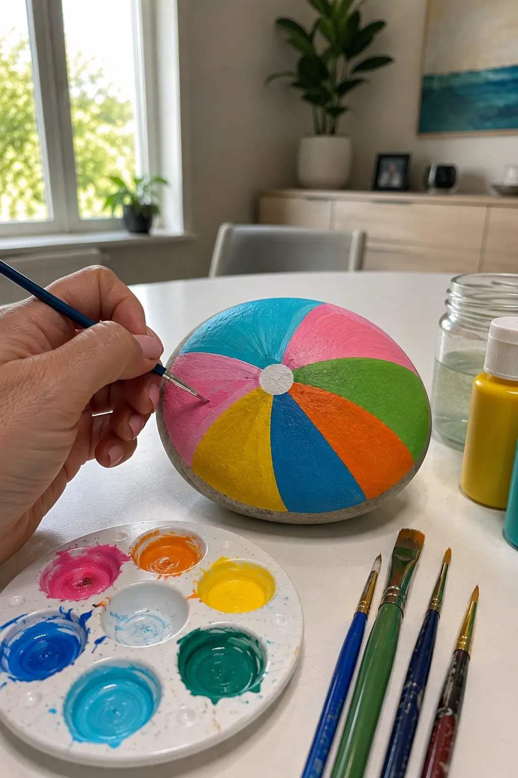Colorful beach ball rock painting featuring a rounded stone painted with bold curved sections in pink, turquoise, orange, yellow, green, and blue around a small white center, while a hand carefully paints one section beside a colorful acrylic palette and brushes on a bright indoor craft table.