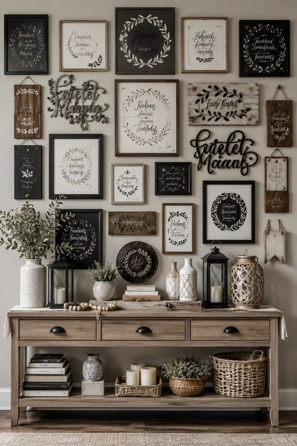 Overdecorated farmhouse gallery wall filled with framed inspirational quotes, cursive word signs, rustic wooden plaques, black and white typography, lanterns, baskets, distressed furniture, and decorative accessories, showing how excessive word art can make home decor feel cluttered and outdated.