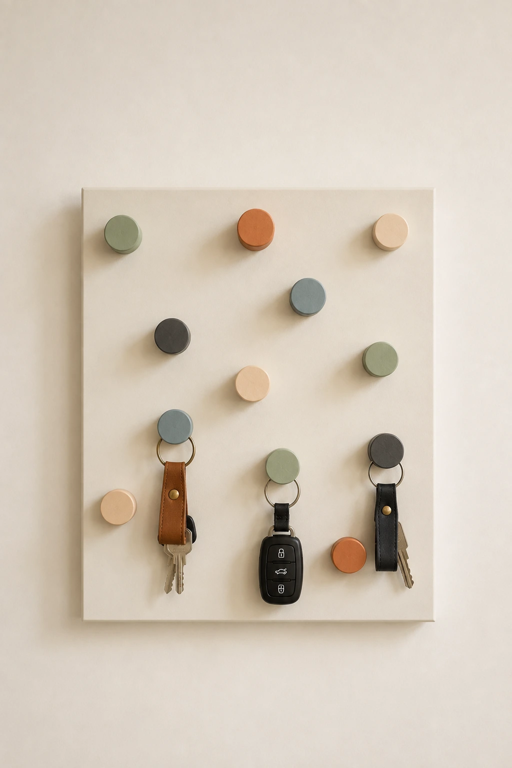 Colorful peg DIY key holder featuring a clean neutral wall panel with round wooden pegs in muted sage, terracotta, dusty blue, cream, and charcoal, creating playful modern key storage with leather keychains and everyday keys.