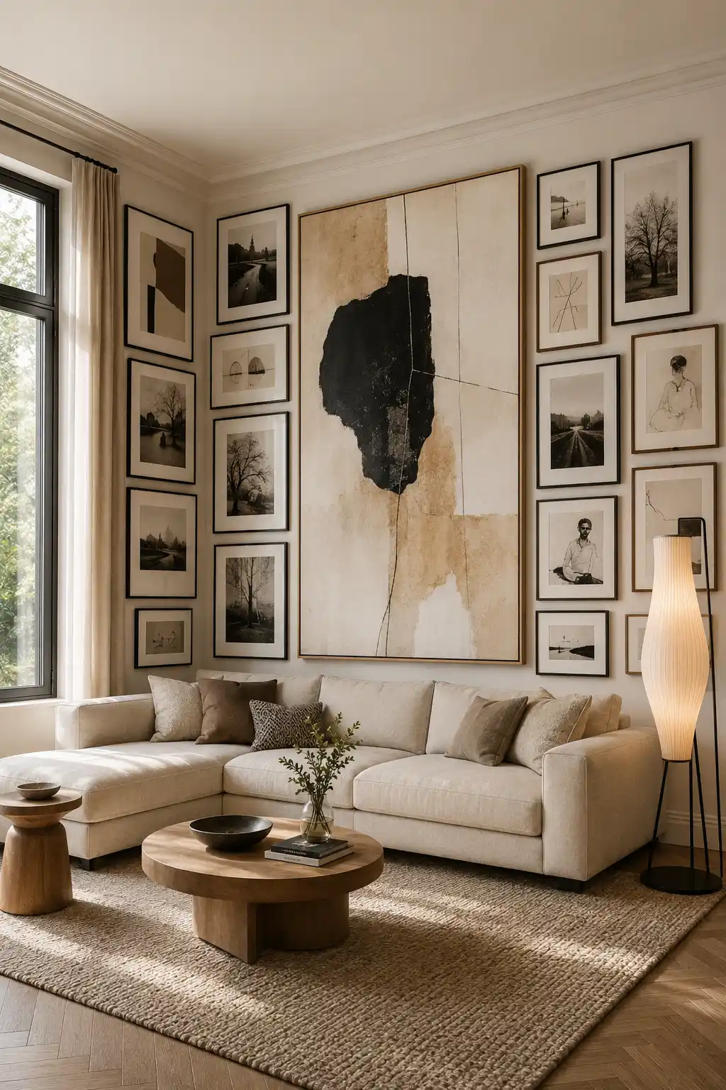 Sophisticated modern living room featuring an oversized abstract statement artwork as the centerpiece of a corner gallery wall, surrounded by smaller framed photographs and sketches above a cream sectional with warm neutral decor.