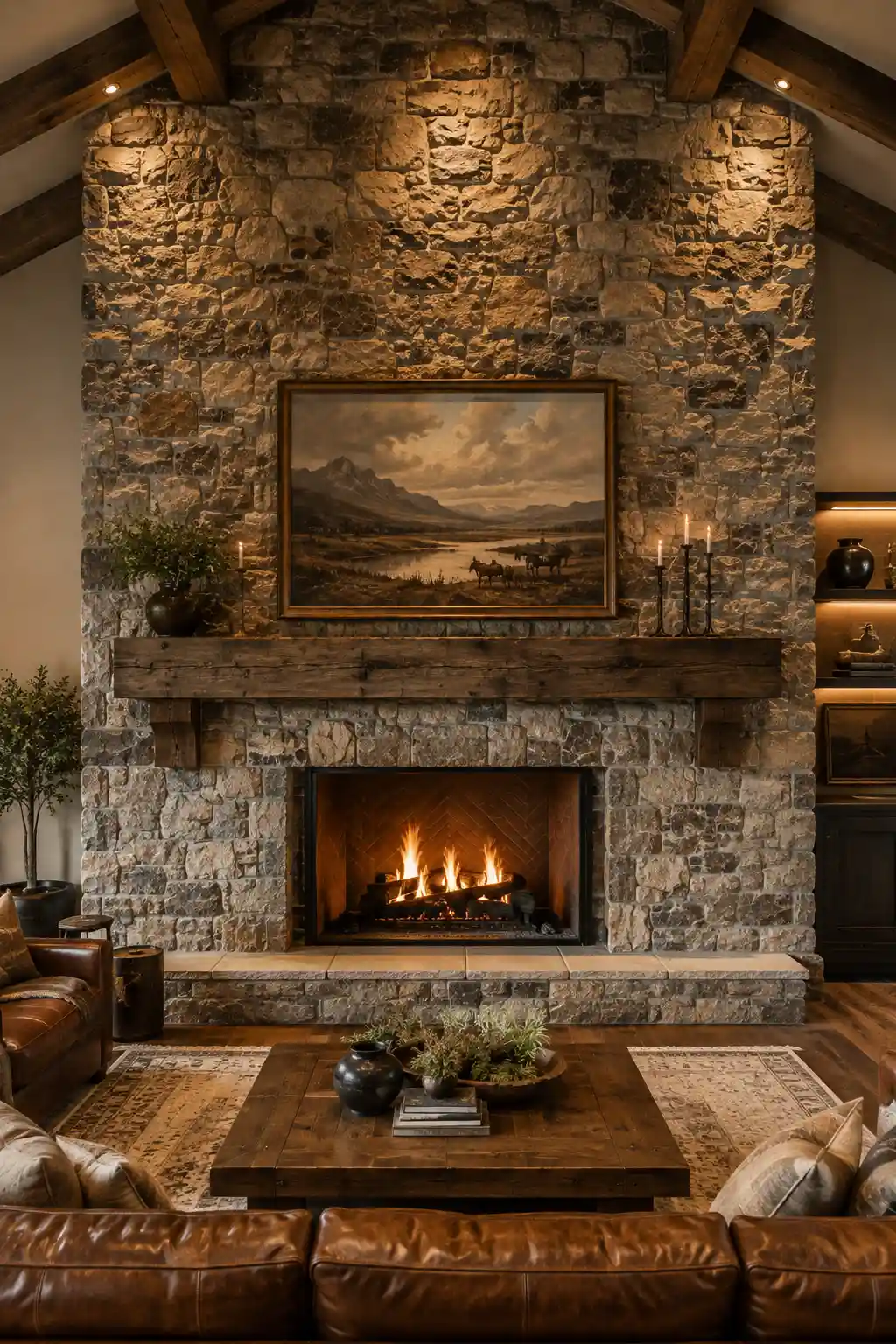 Statement Western living room featuring a floor-to-ceiling natural stone fireplace with varied earthy stonework, thick reclaimed wood mantel, glowing fire, oversized framed Western mountain landscape artwork, cognac leather sofas, rustic wood coffee table, warm ambient lighting, exposed timber details, and sophisticated ranch-style home decor.