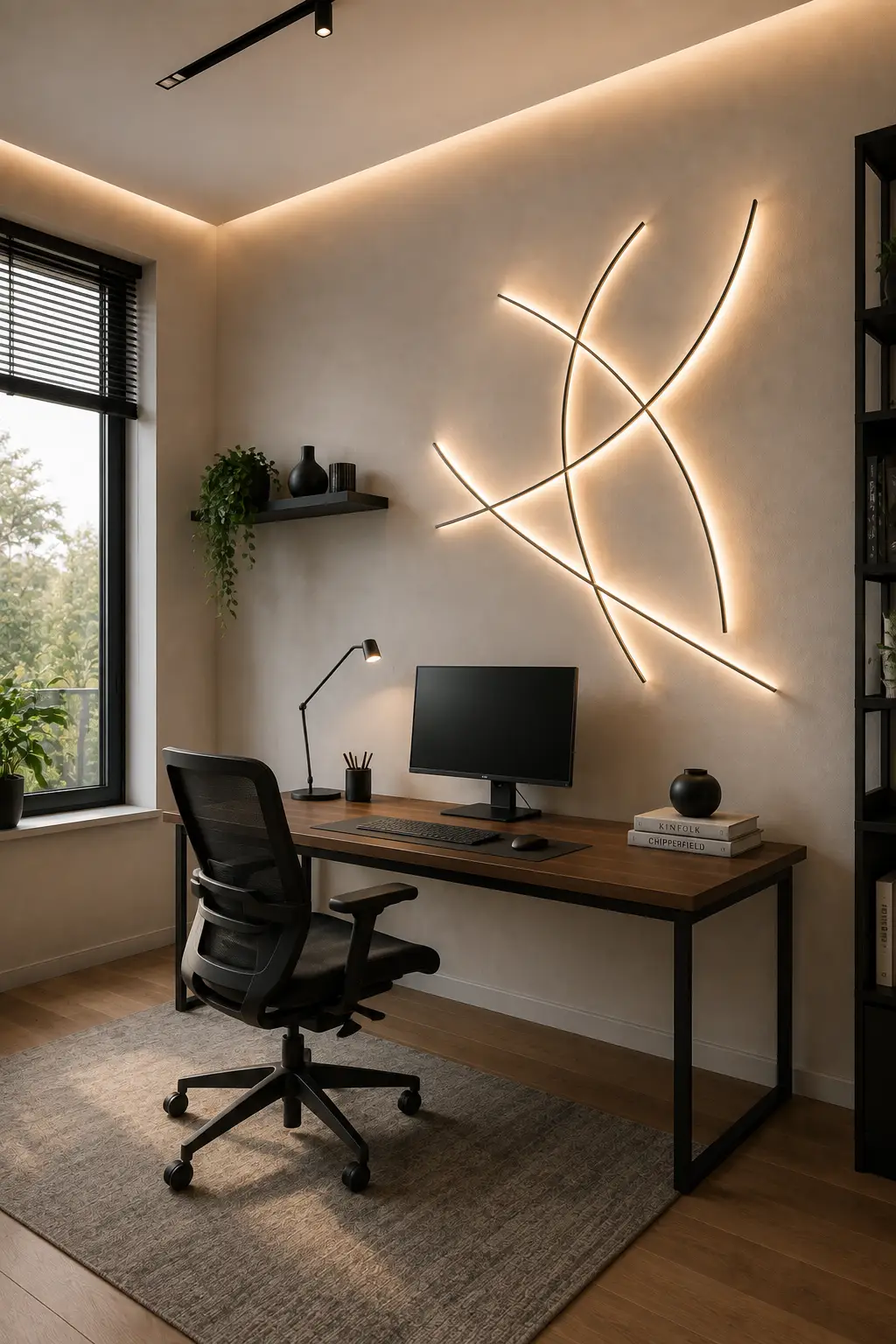 Modern small office featuring a large sculptural LED wall installation made from elegant curved illuminated lines arranged in an asymmetric abstract pattern, warm white architectural lighting, contemporary walnut desk with black frame, ergonomic mesh chair, minimalist computer monitor, floating shelf with modern accessories and greenery, neutral walls, wood flooring, and premium contemporary office decor.