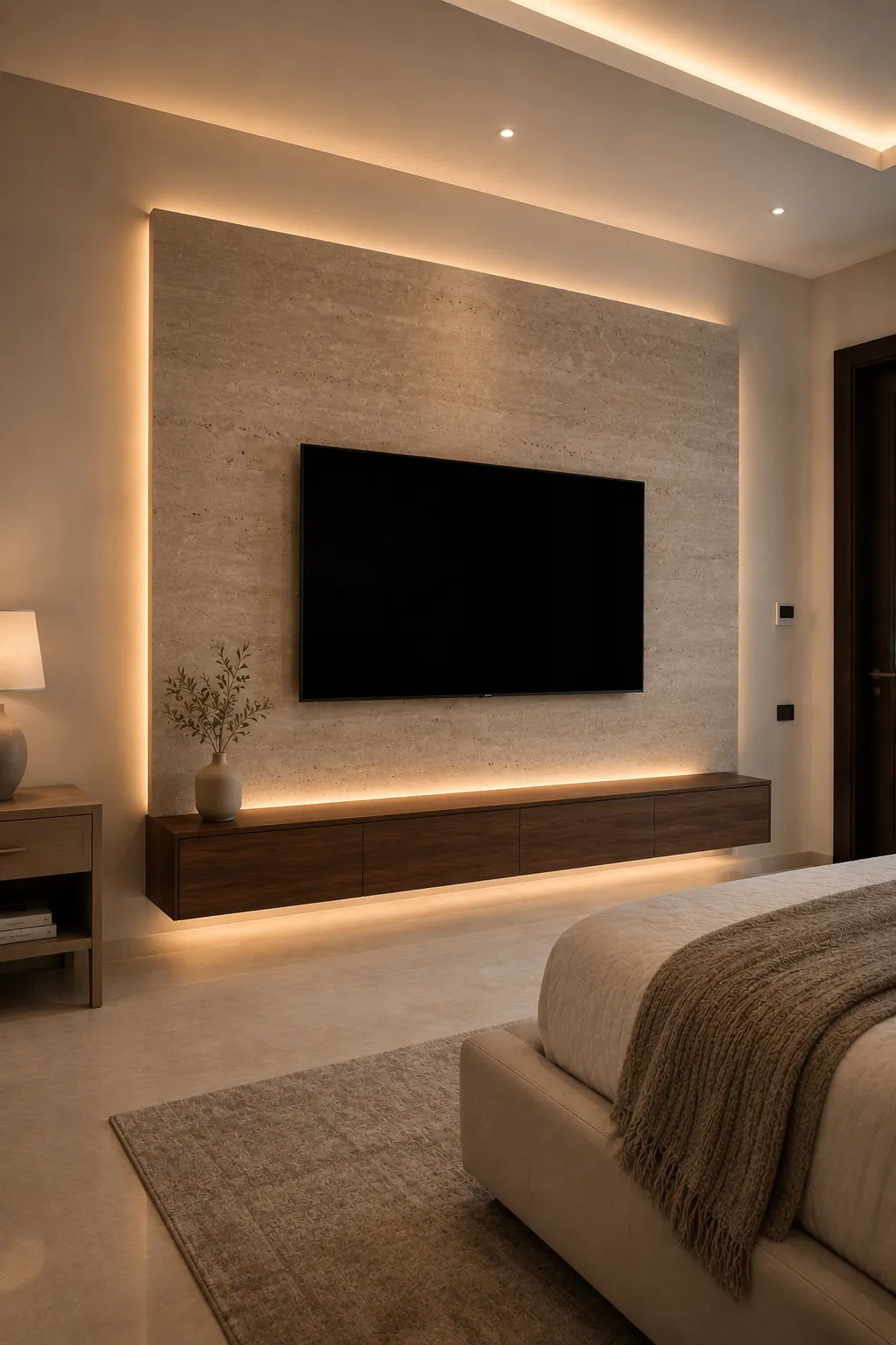 Elegant modern couples bedroom featuring a large stone look TV wall panel in a warm beige and taupe finish, slim black flat screen television, long walnut floating console with concealed storage, soft LED lighting around the architectural panel, cream walls, neutral bedding, textured rug, and refined contemporary bedroom decor.