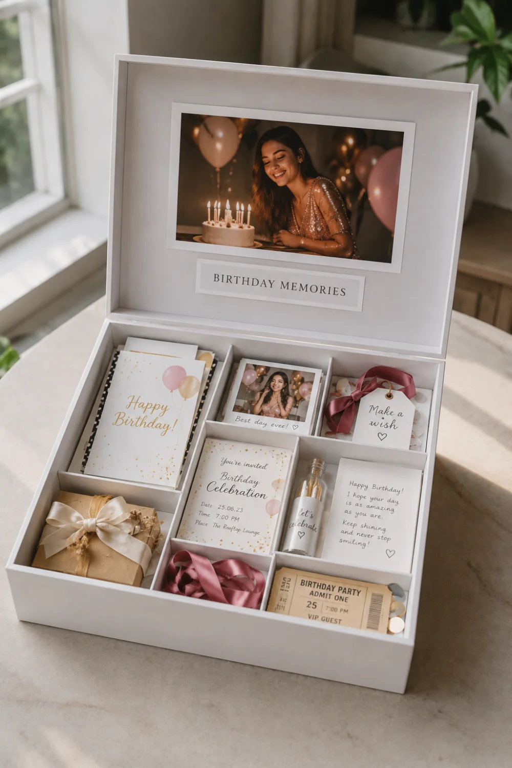 Modern white birthday memory box filled with birthday photographs, greeting cards, party invitations, gift ribbons, handwritten birthday messages, celebration tickets, small gifts, and meaningful keepsakes arranged in separate compartments