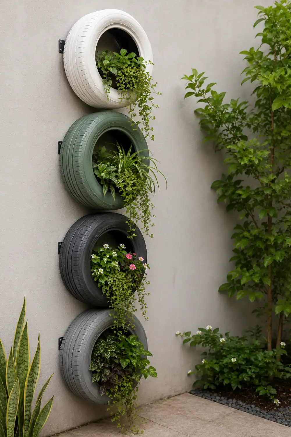 Four recycled old tires mounted vertically on a neutral outdoor wall as creative garden planters, filled with lush green foliage, trailing plants, and colorful flowers in a modern courtyard