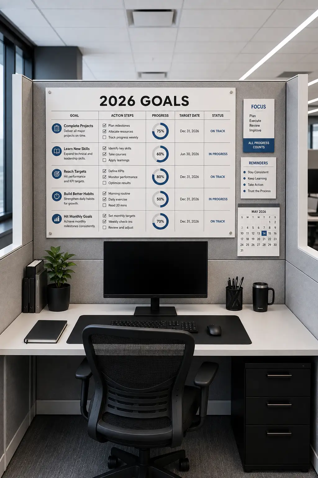 Modern goal-focused office cubicle featuring a large structured goal tracking board with measurable objectives, action steps, progress circles, target dates, and status indicators. The full workspace includes a centered computer monitor, white desk, black ergonomic office chair, small green plant, black storage drawers, notebook, pen holder, and compact motivational reminder board. The complete cubicle is shown in a clean straight-on architectural view with a professional neutral palette designed to encourage productivity, progress tracking, focus, and workplace motivation.