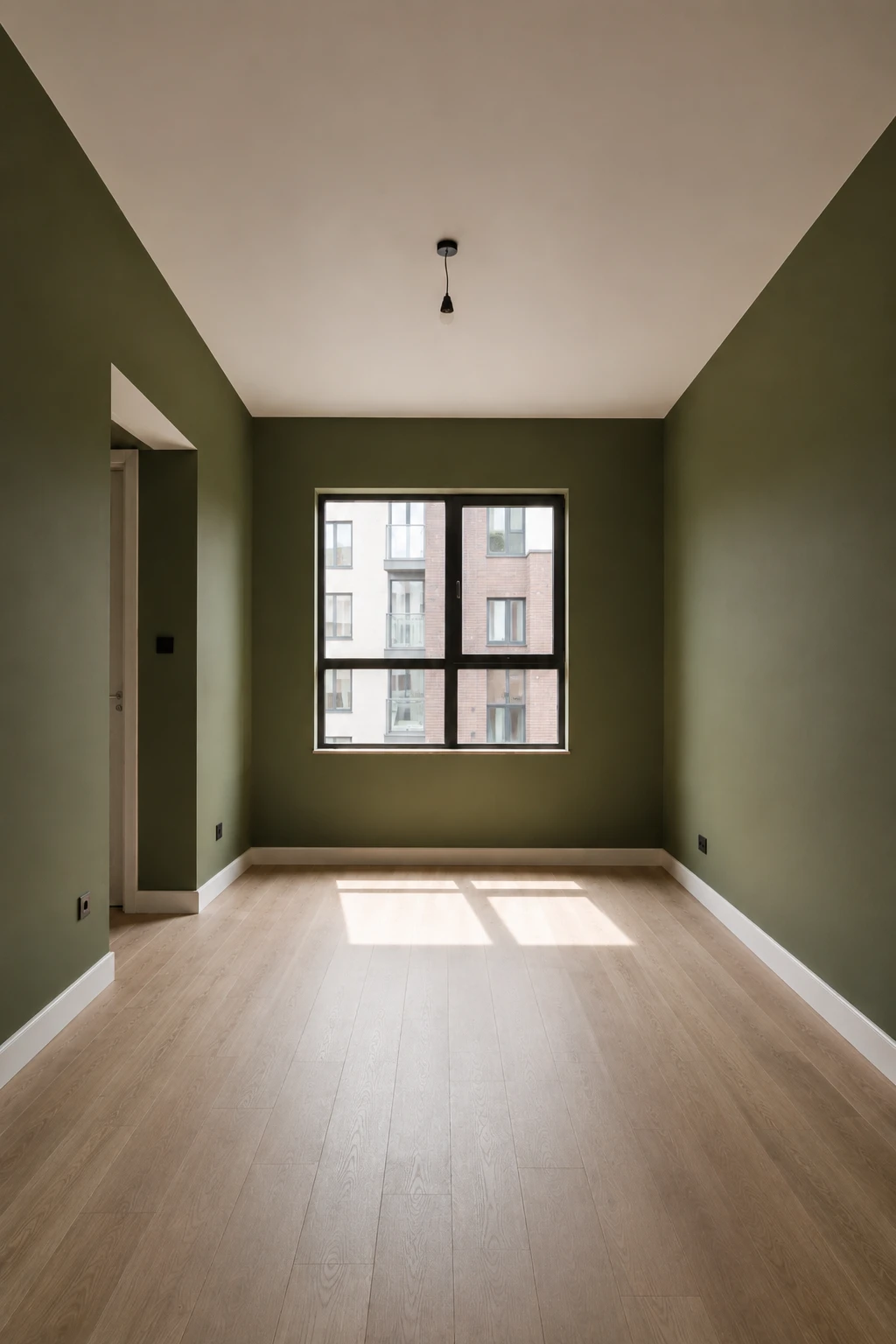 Empty modern bedroom painted entirely in a deep sophisticated olive green across all four walls, with a warm white ceiling, light wood flooring, large central window, architectural doorway, white baseboards, realistic matte wall finish, natural daylight, and a rich contemporary atmosphere showcasing deep olive green bedroom paint.