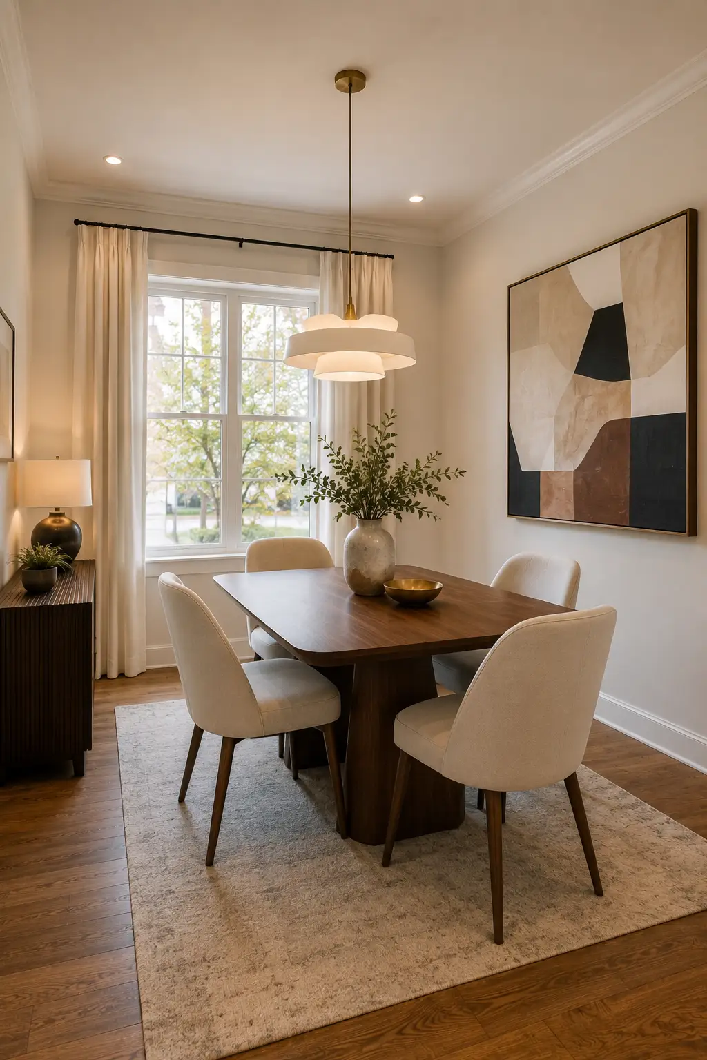 Elegant small dining room featuring a rich walnut rectangular dining table with rounded edges, four cream upholstered dining chairs, a layered contemporary white pendant light with brass detailing, large abstract neutral artwork, textured beige area rug, tall window with natural daylight, warm wood flooring, cream walls, decorative vase centerpiece, and sophisticated modern home décor.