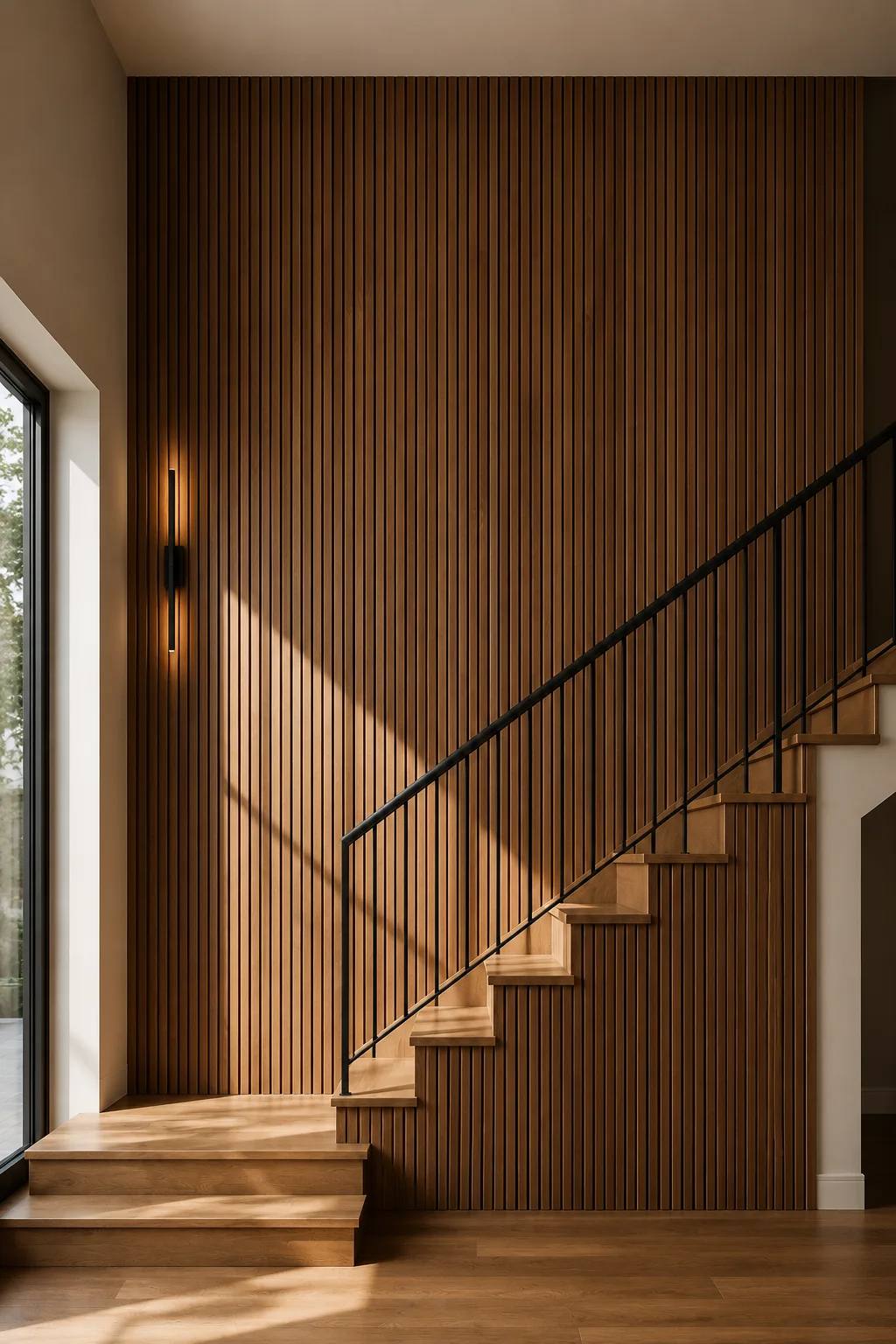 Warm wood staircase paneling featuring full height vertical timber slats across a dramatic stair wall, rich natural wood grain, matching wood stair treads, slim black railing, modern linear wall lighting, and soft daylight highlighting the textured architectural design.