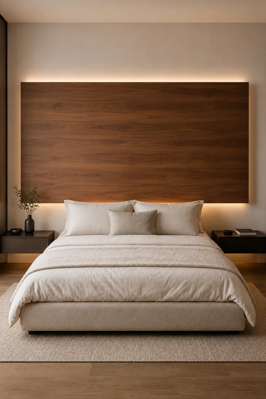 Contemporary DIY floating wood headboard featuring a large rectangular walnut wood panel mounted slightly away from the wall behind a modern upholstered bed. The wide wood panel has a rich dark walnut finish with realistic horizontal wood grain and clean architectural edges, extending significantly wider than the mattress and positioned high above the pillows. Concealed warm white LED lighting creates a soft halo behind the panel along the upper and lower edges, emphasizing the floating construction. The bedroom includes a beige upholstered bed, crisp white bedding, layered neutral pillows, dark minimalist floating nightstands, subtle warm lighting, a neutral textured rug, and warm wood flooring. The entire floating headboard and its illuminated perimeter are captured clearly in a straight-on front-facing composition.