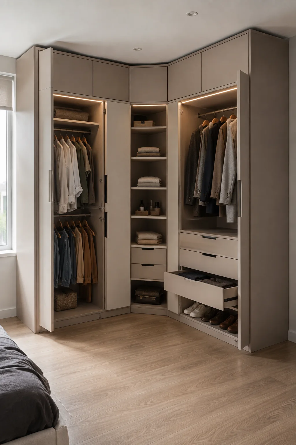 Contemporary small bedroom featuring a floor-to-ceiling L-shaped corner wardrobe fitted neatly into two adjoining walls. The open wardrobe sections reveal hanging clothes, folded garments, drawers, shelves, shoes, and upper storage compartments, creating a practical built-in bedroom storage solution for an unused corner.