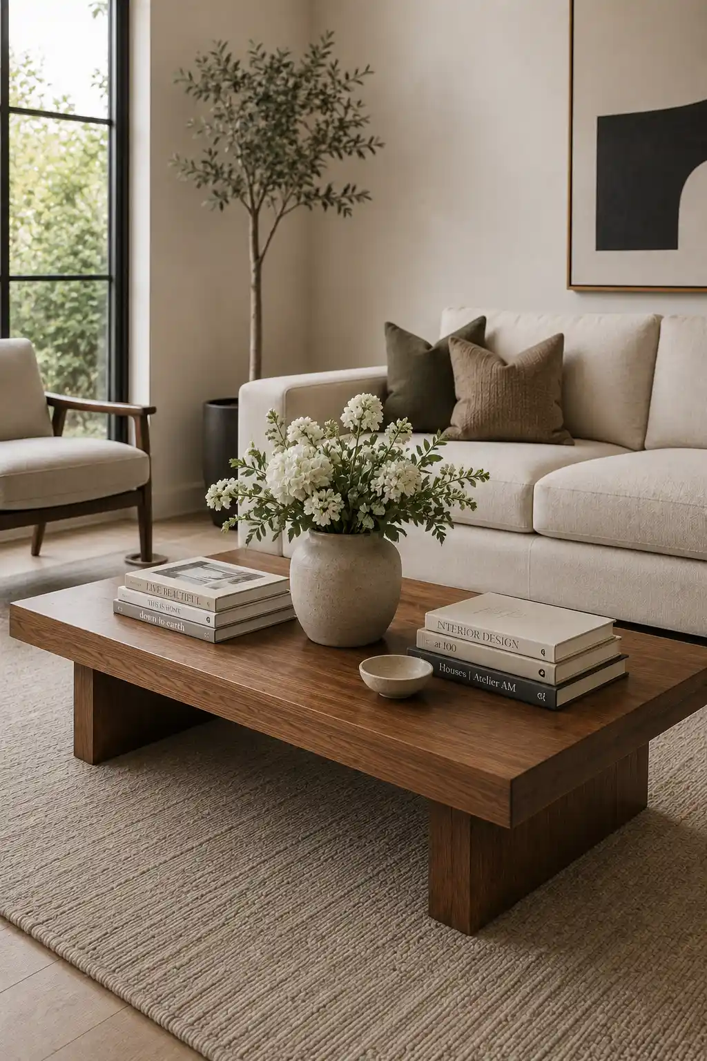 Warm walnut rectangular coffee table featuring a large rounded neutral ceramic vase filled with fresh white flowers and natural greenery, two separate stacks of neutral coffee table books, and a small cream ceramic bowl in a bright modern living room with a cream sofa, textured neutral rug, contemporary furniture, and natural daylight.