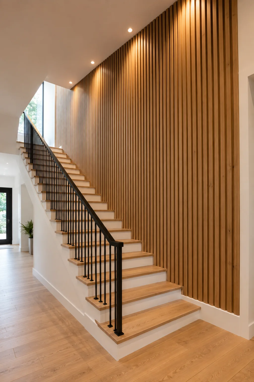 Modern staircase featuring a dramatic full-height vertical wood slat accent wall with evenly spaced warm natural oak panels extending from the stair landing toward the ceiling. The architectural wood feature creates rich texture and warmth beside natural oak stair treads, a slim black metal railing, recessed ceiling lights, and a bright contemporary hallway.