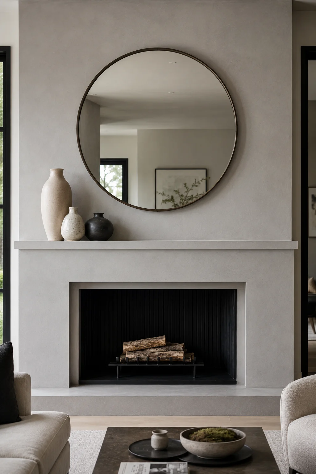 Contemporary light gray fireplace mantel featuring an oversized round mirror with a thin dark frame centered above the fireplace. The mantel is styled with three sculptural ceramic vases in cream, speckled white, and matte black, creating varied heights and subtle contrast. A wide black firebox with vertical detailing and natural logs anchors the lower portion of the fireplace, while neutral sofas, a textured light rug, and a dark coffee table create an elegant modern living room setting.