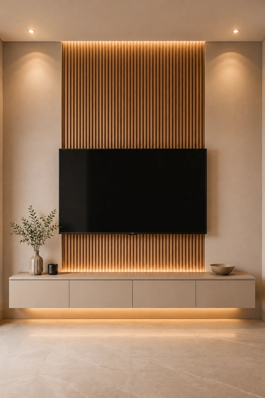 Modern living room TV feature wall with a tall warm wood accent extending vertically behind a large black flat screen television, narrow vertical wood detailing, surrounding beige walls, long cream floating media console, warm concealed lighting beneath the wood section and cabinet, realistic natural wood texture, neutral flooring, and polished contemporary interior styling.