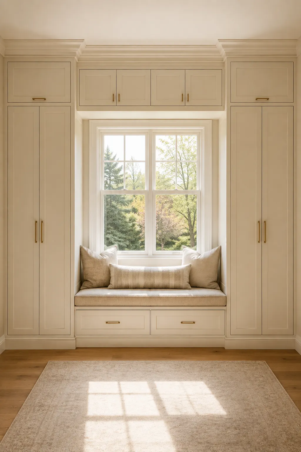 Beautiful cream IKEA closet built around a large traditional bedroom window, featuring tall paneled wardrobes on both sides, overhead cabinets above the window, a cushioned built-in window seat, multiple drawers beneath the seating area, brass cabinet handles, soft neutral upholstery, natural wood flooring, and bright garden views for a custom storage wall.