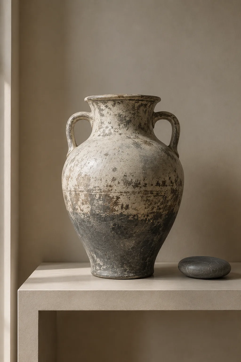 Large weathered antique ceramic vessel with a softly distressed ivory and gray finish displayed on a minimalist cream console table, paired with a small sculptural stone object for an elegant modern classic home decor arrangement.