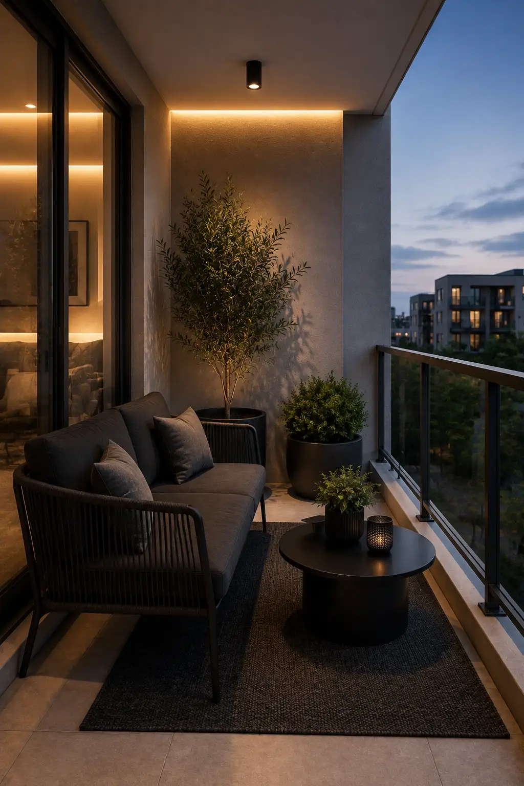 Sophisticated apartment balcony lounge featuring a deep charcoal outdoor sofa, matching dark furniture, a round black coffee table, textured dark outdoor rug, and large leafy planters. Warm architectural lighting creates a cozy evening atmosphere while the open glass railing provides a beautiful urban apartment view and modern outdoor living feel.